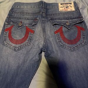 Ricky T flap straight leg Jean red stitching